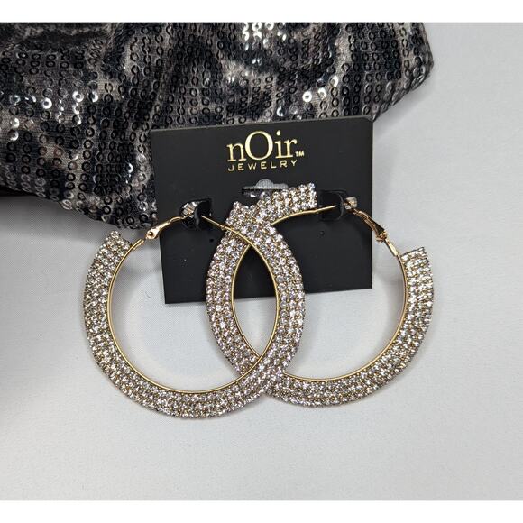 nOir Round Gold Rhinestone Hoop Earrings Sparkling Statement Hoops - Picture 1 of 5